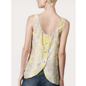 CAbi Silk Top Whisper Tank Scoop Neck Button Back Pleated Yellow Gray #811 Med